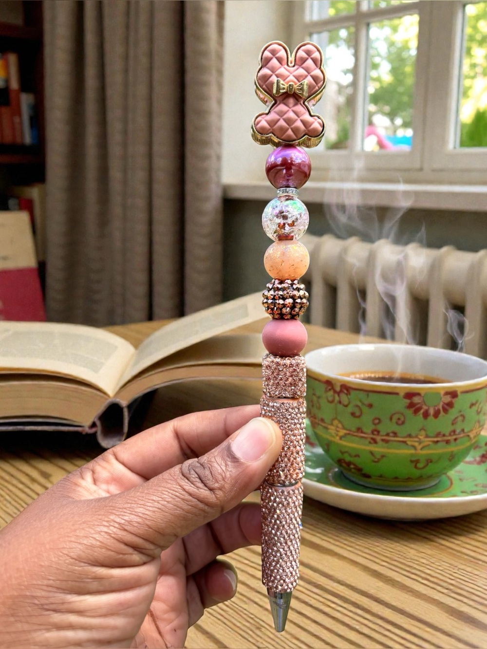 Handcrafted Pink Beaded  Rhinestone Quilted Bear Pen with gold bow